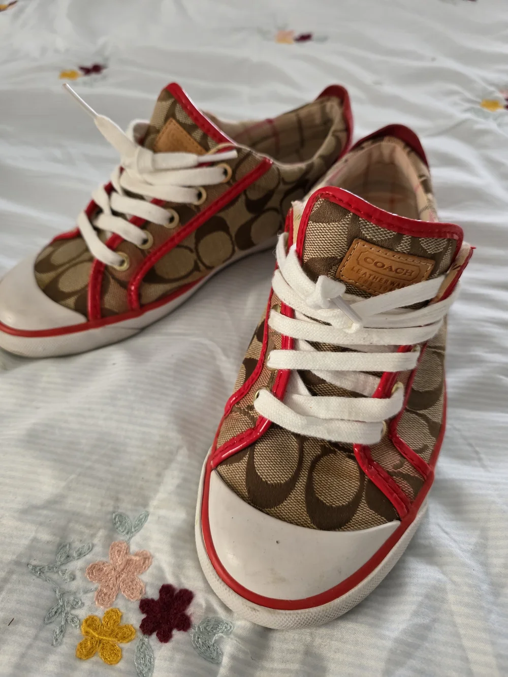 Coach Women's Brown Signature Canvas Sneaker with Pink Trim